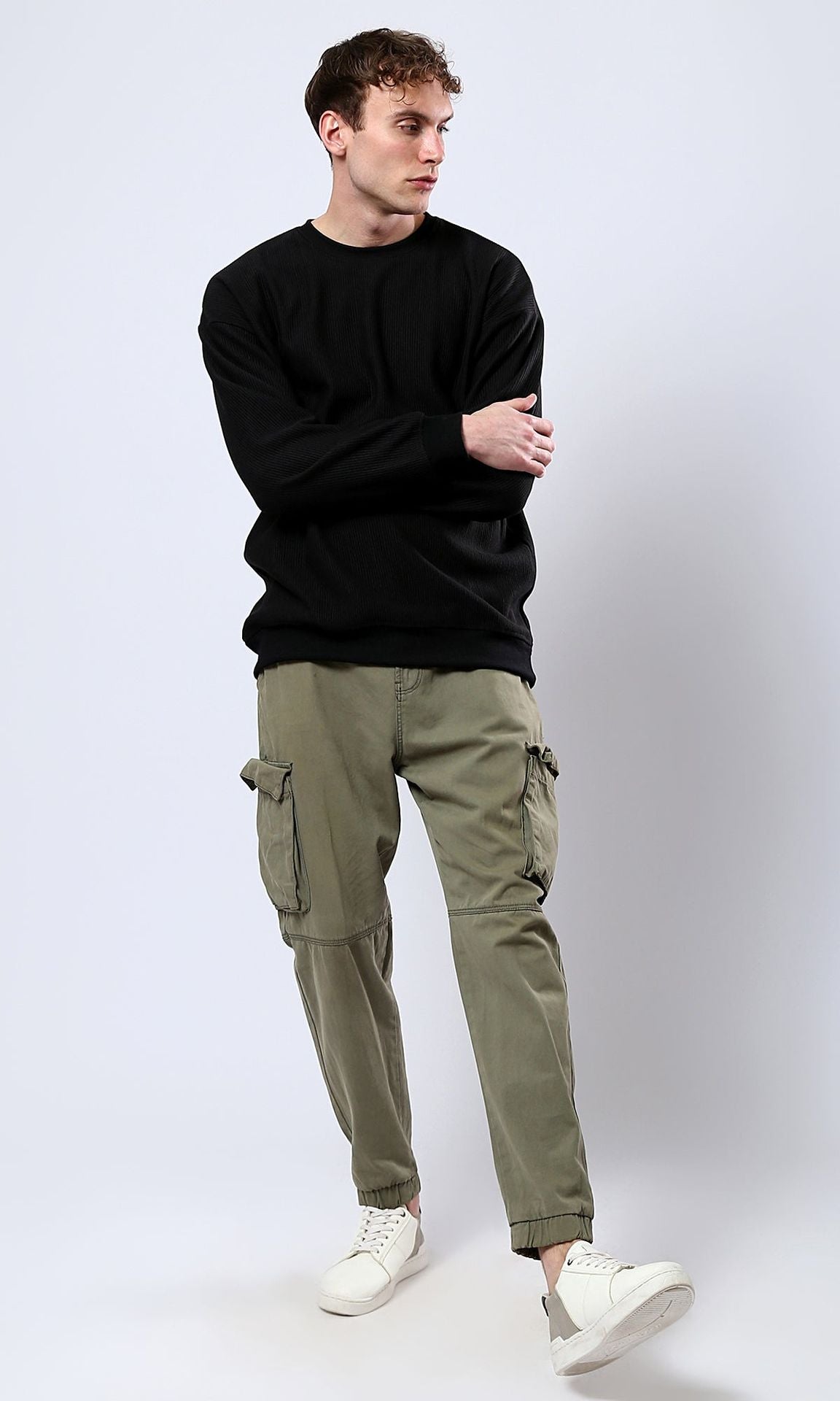 Black Textured Ribbed Oversized Crew-Neck Sweatshirt - O180391