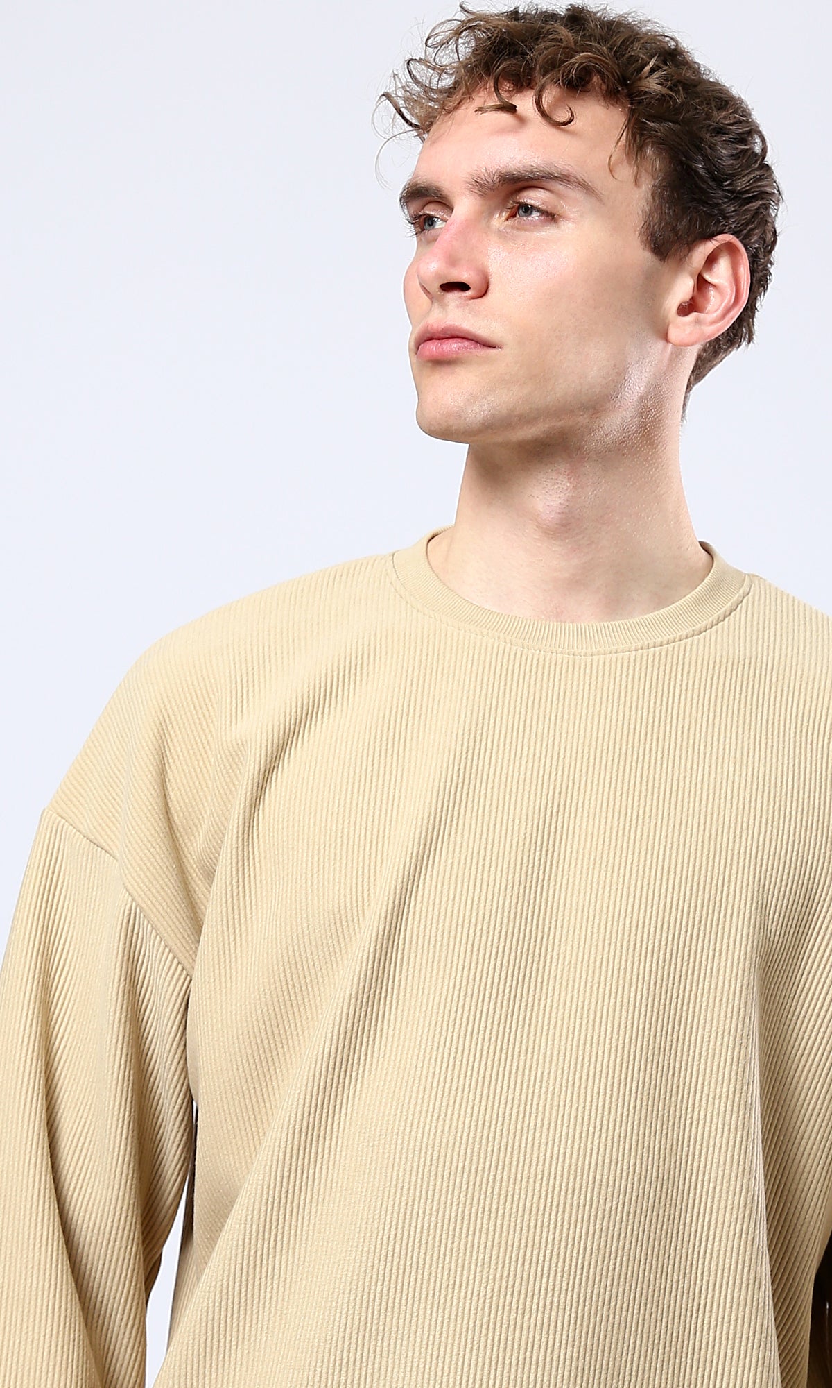 O180392 Sand Long Sleeves Ribbed Sweatshirt With Round Neck