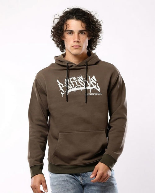 Man wearing a brown hoodie with a logo on a white background