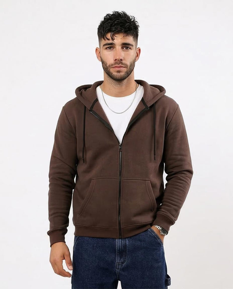 Man wearing a brown hoodie on a white background