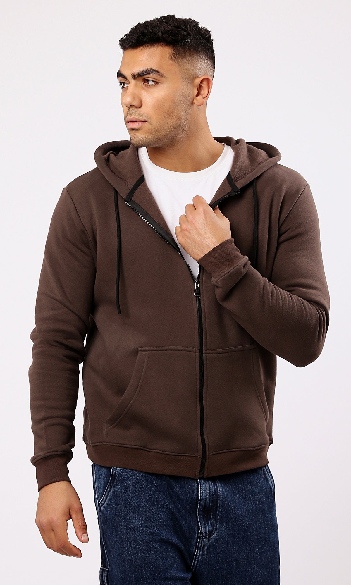 O180399 Dark Brown Long Sleeves Solid Zipped Sweatshirt
