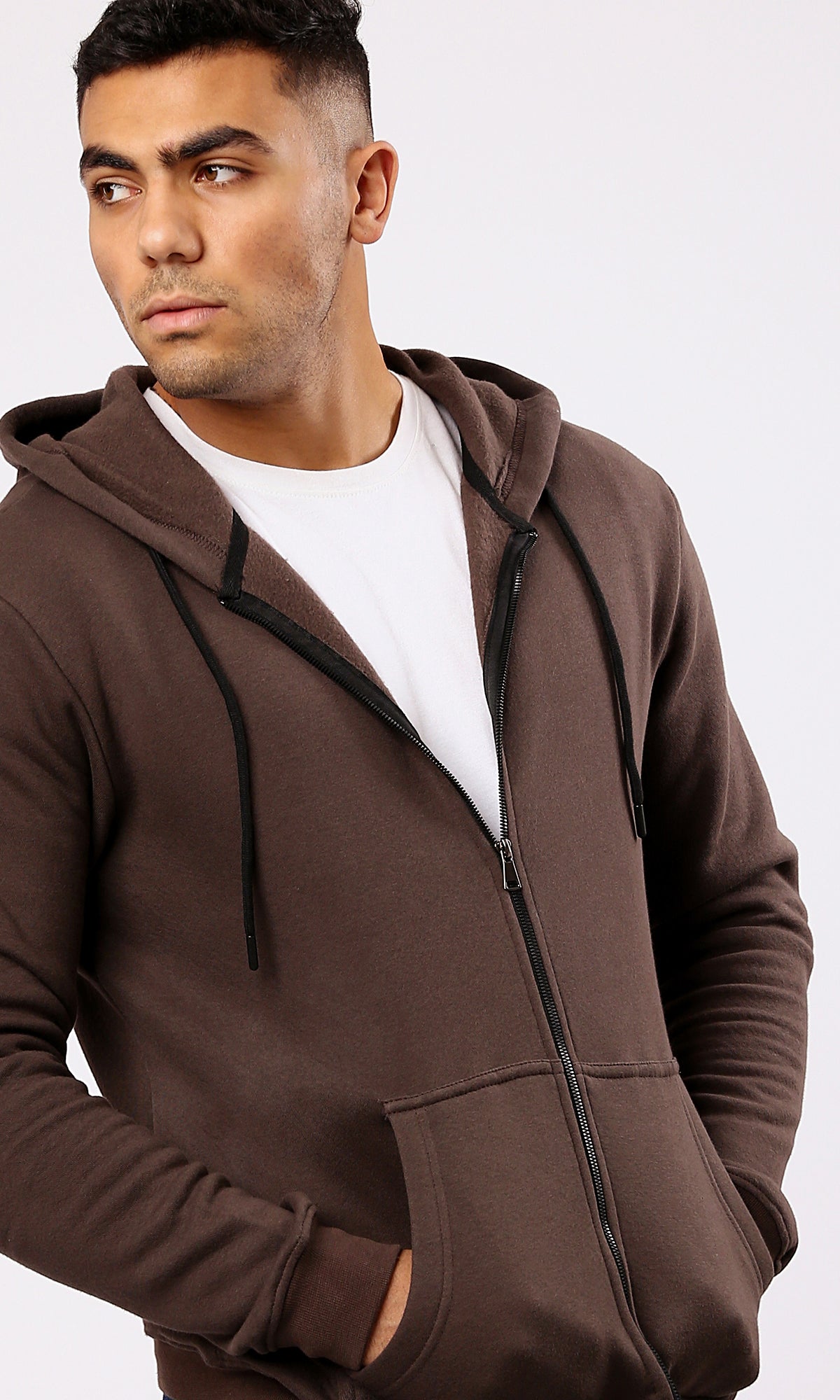 O180399 Dark Brown Long Sleeves Solid Zipped Sweatshirt