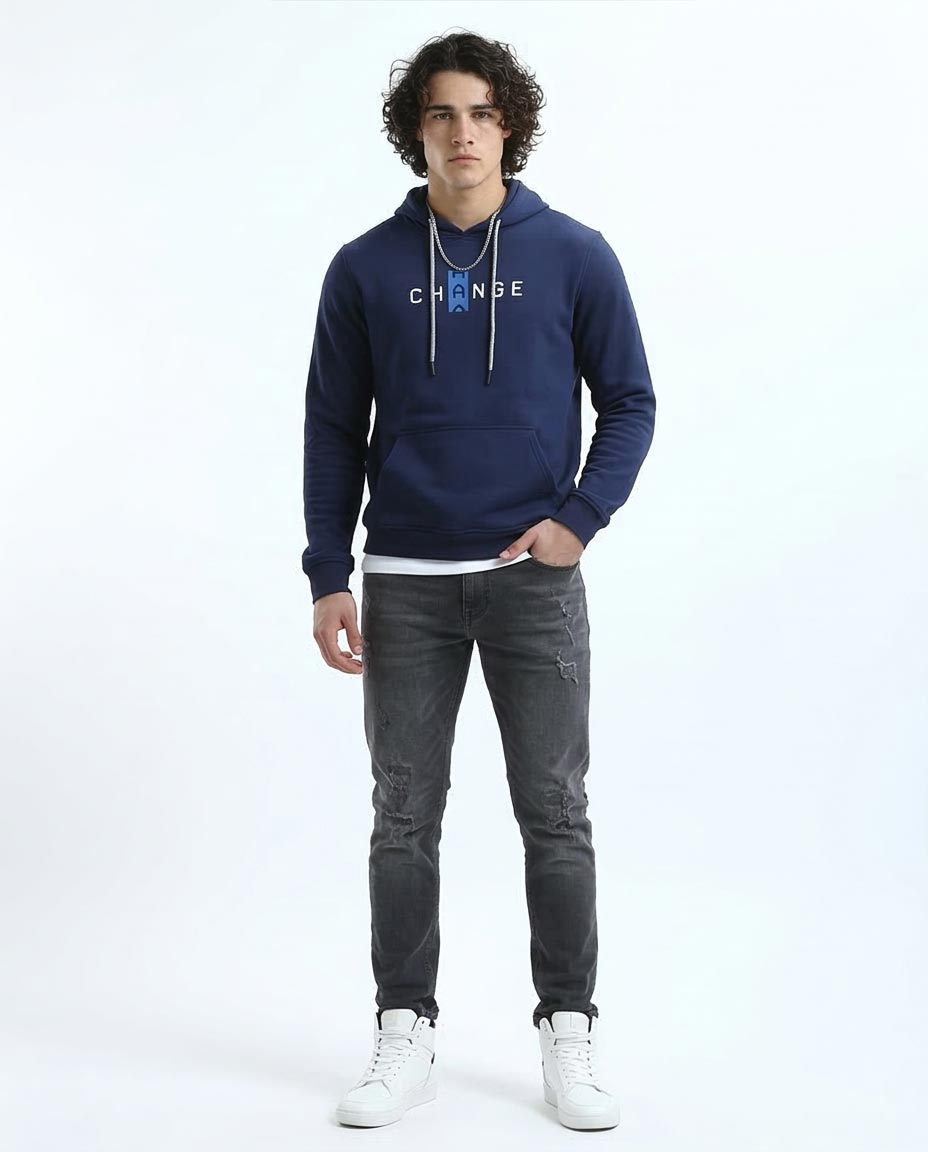 Navy Change Graphic Drawstring Hoodie - O180401