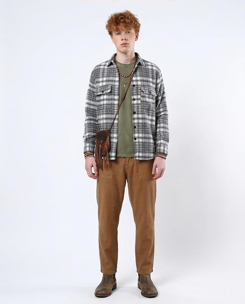 Ravin Men’s 100% Cotton Plaid Flannel Shirt – Black & White Snap-Button Overshirt - O180405