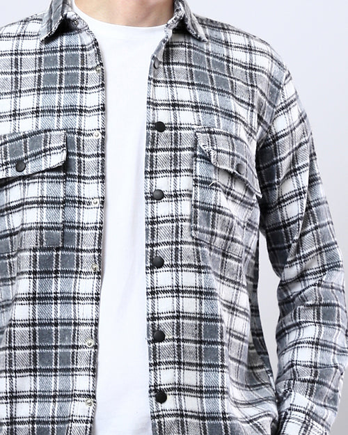 Ravin Men’s 100% Cotton Plaid Flannel Shirt – Black & White Snap-Button Overshirt - O180405