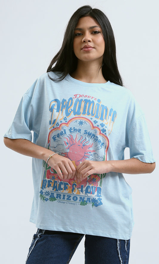 O180439 Crew Neck Printed Light Blue Summer Tee