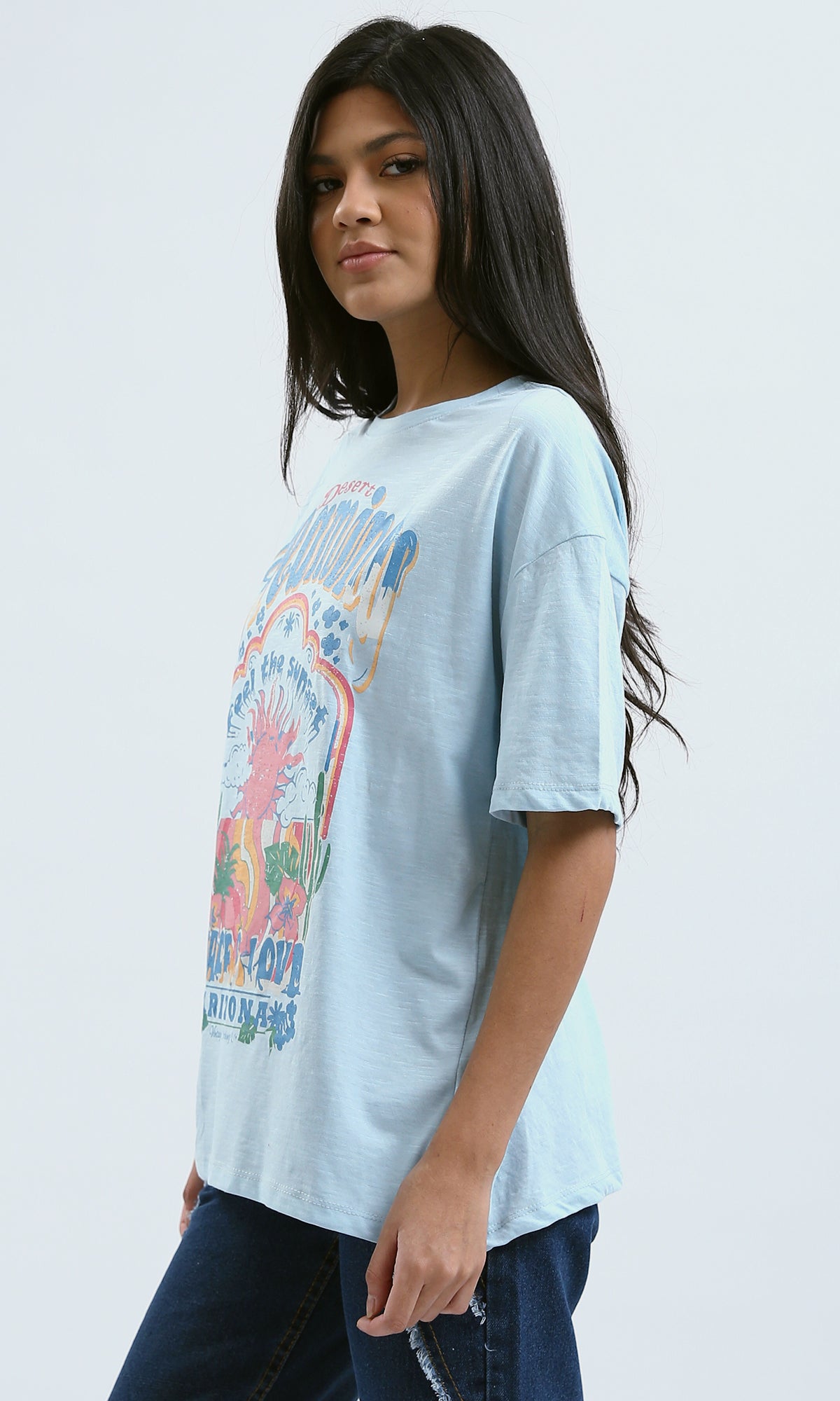 O180439 Crew Neck Printed Light Blue Summer Tee