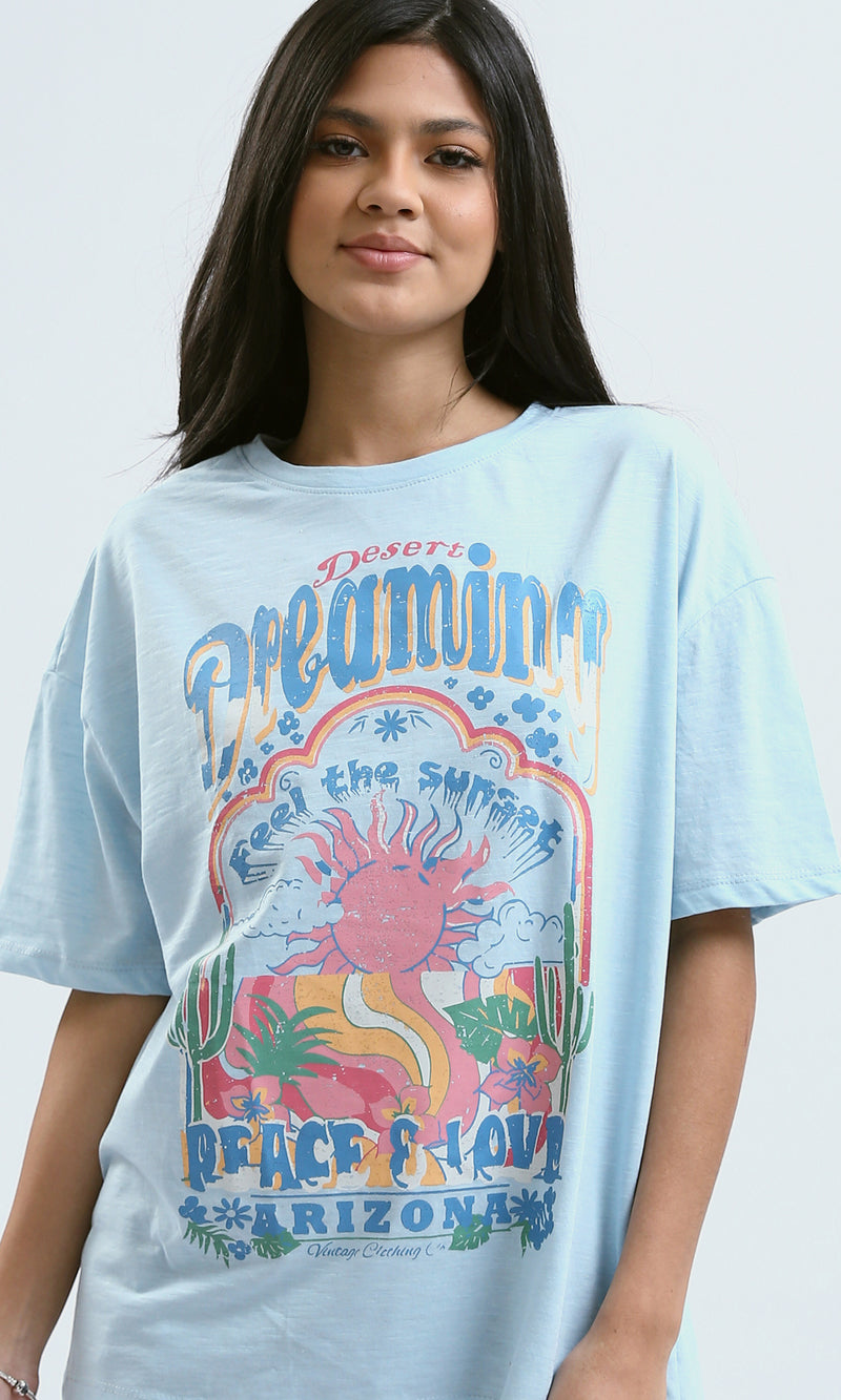 O180439 Crew Neck Printed Light Blue Summer Tee