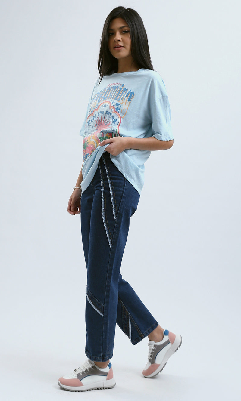 O180439 Crew Neck Printed Light Blue Summer Tee