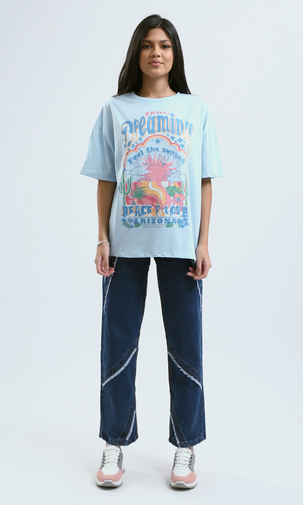 O180439 Crew Neck Printed Light Blue Summer Tee