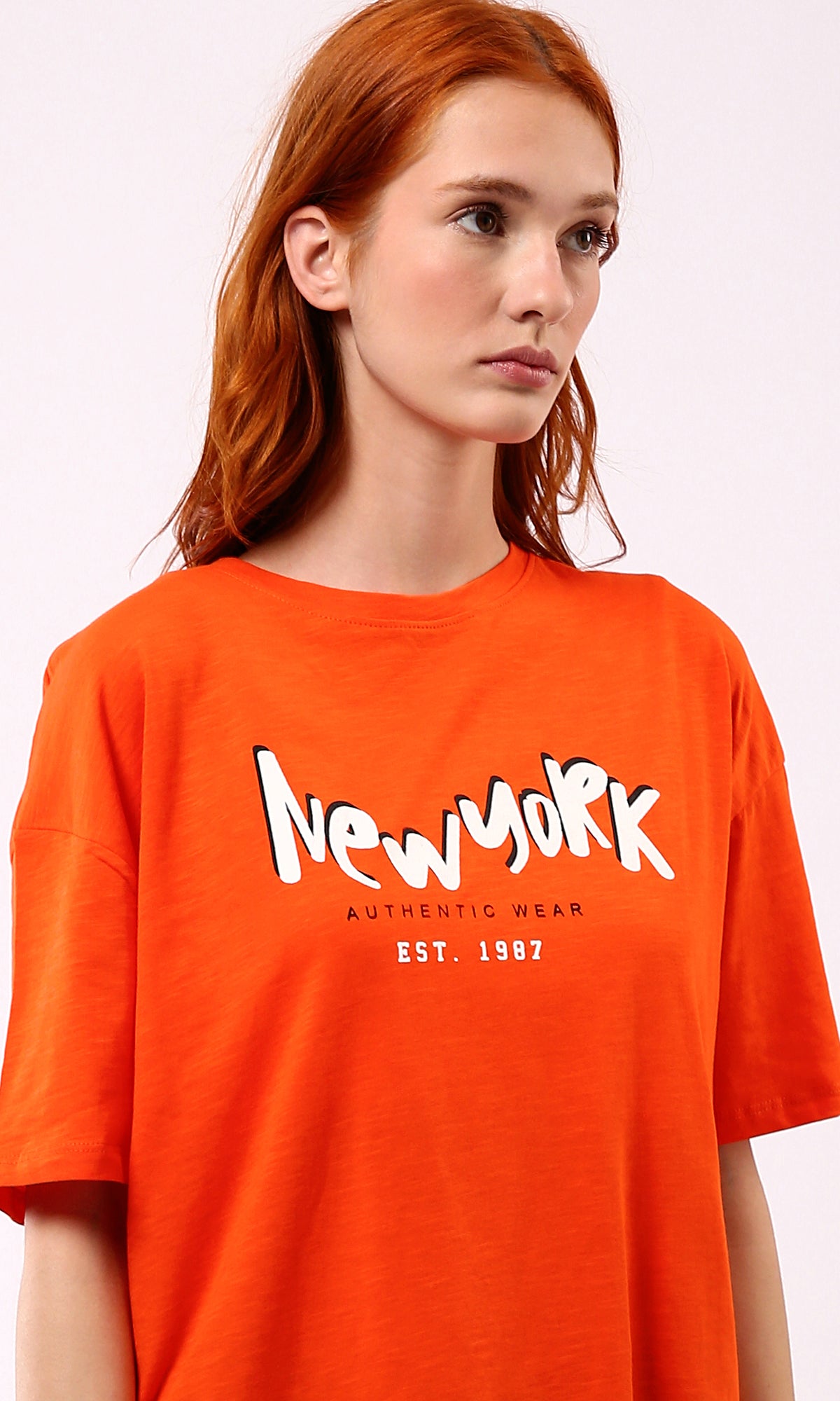O180440 Hot Orange Printed "New York" Slip On Tee
