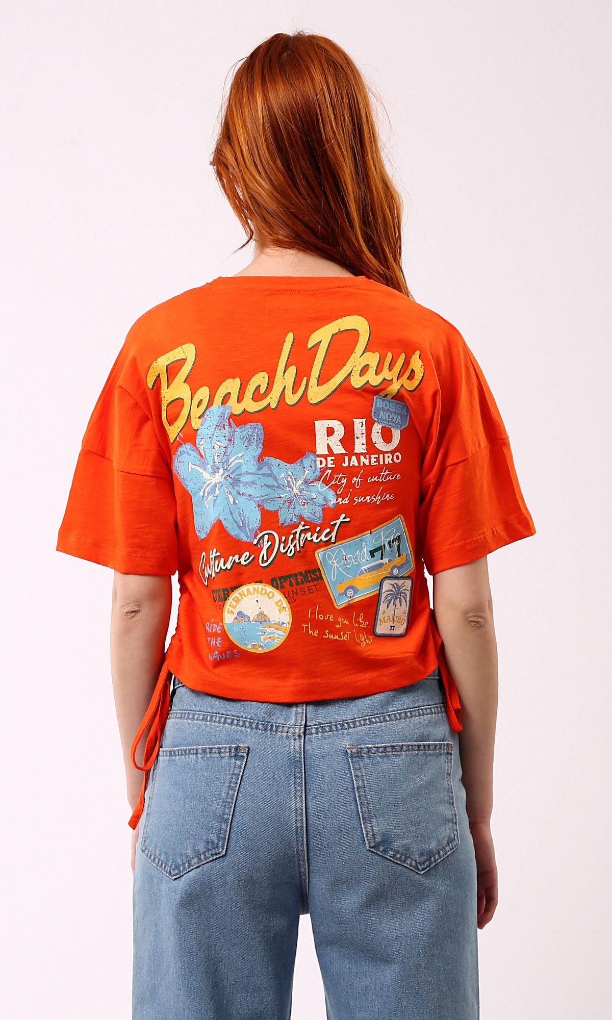 O180444 Casual Printed Short Tee With Side Drawstring - Hot Orange