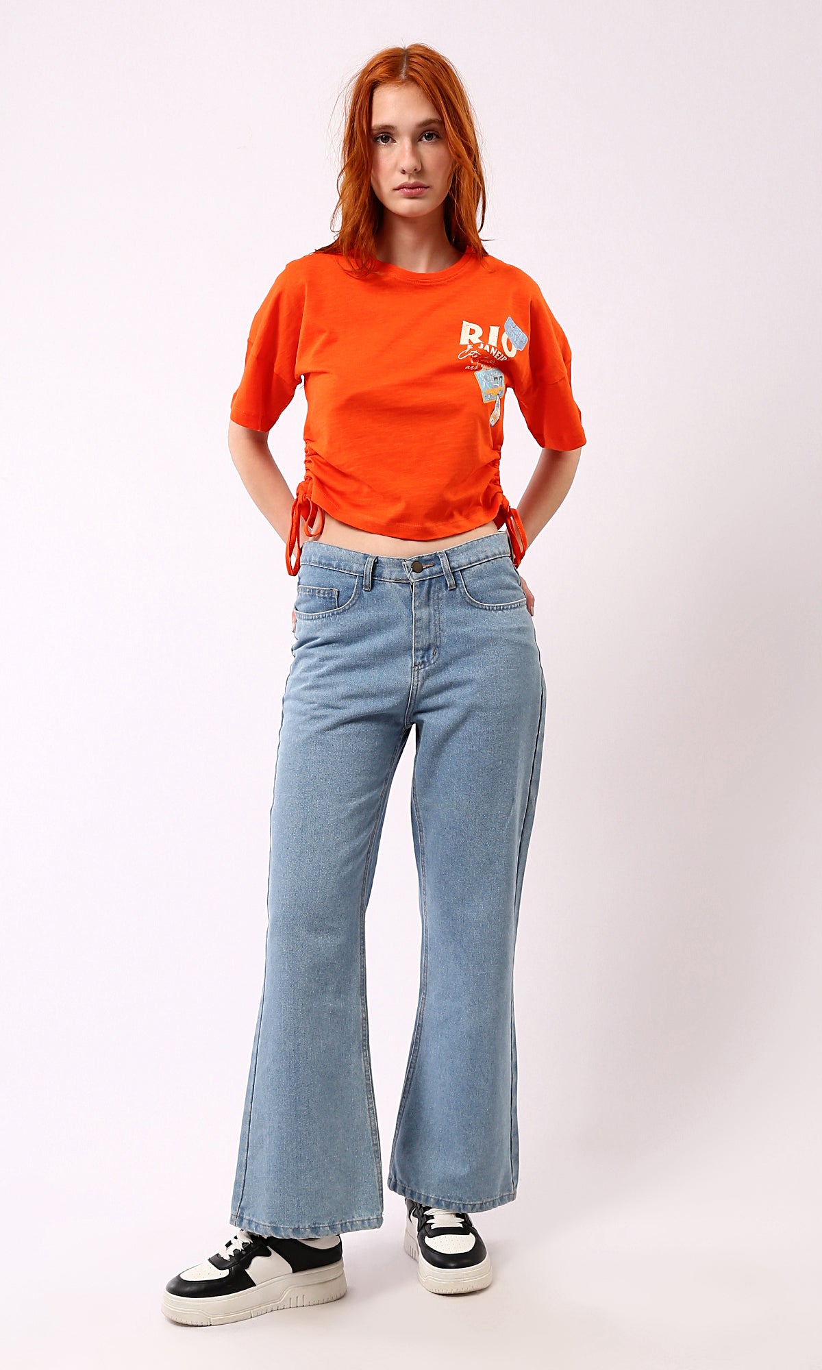 O180444 Casual Printed Short Tee With Side Drawstring - Hot Orange