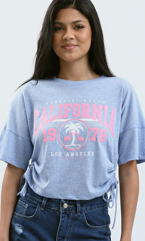O180445 Heather Baby Blue Printed "California" Short Tee
