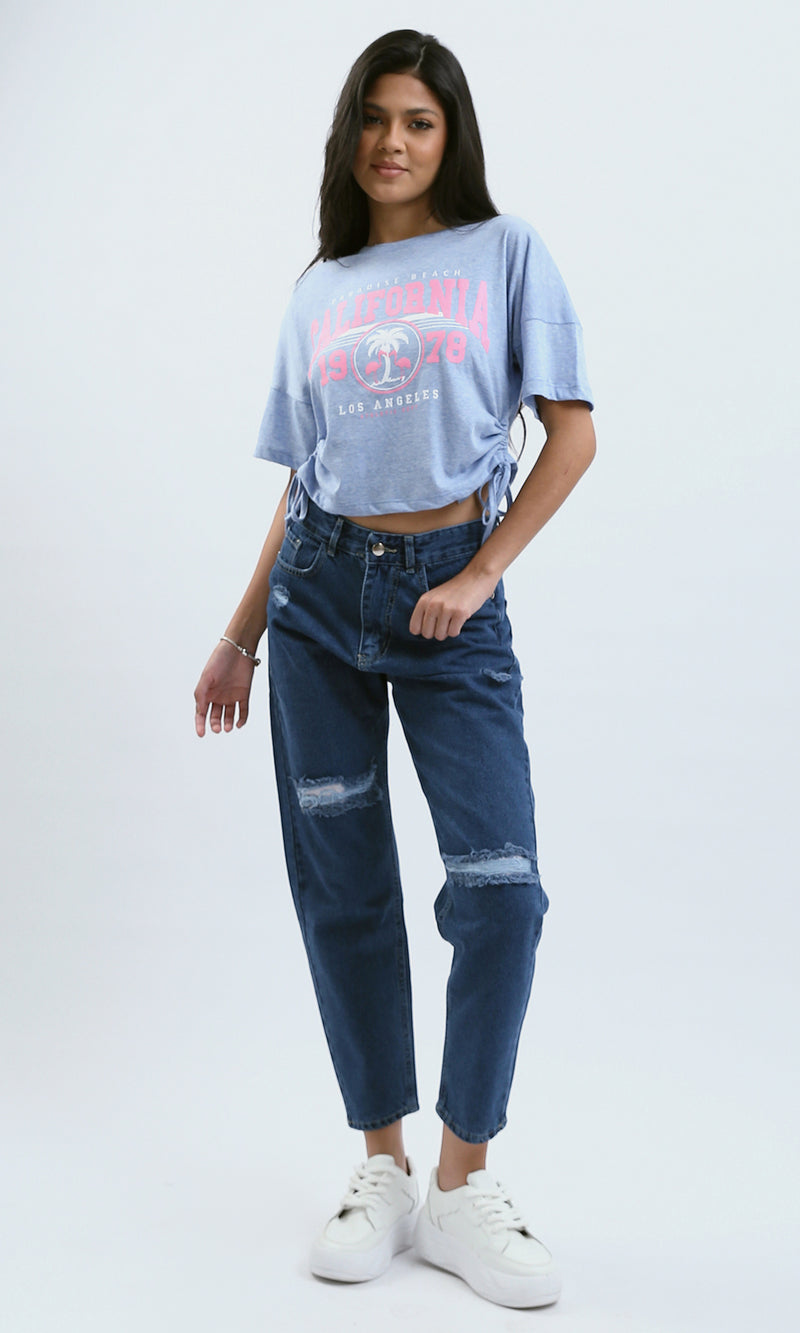 O180445 Heather Baby Blue Printed "California" Short Tee