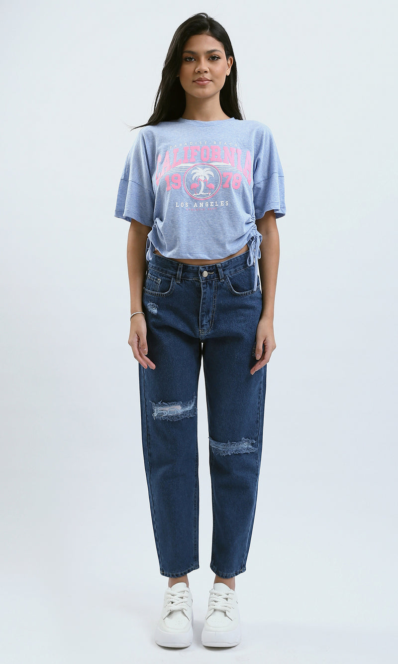 O180445 Heather Baby Blue Printed "California" Short Tee