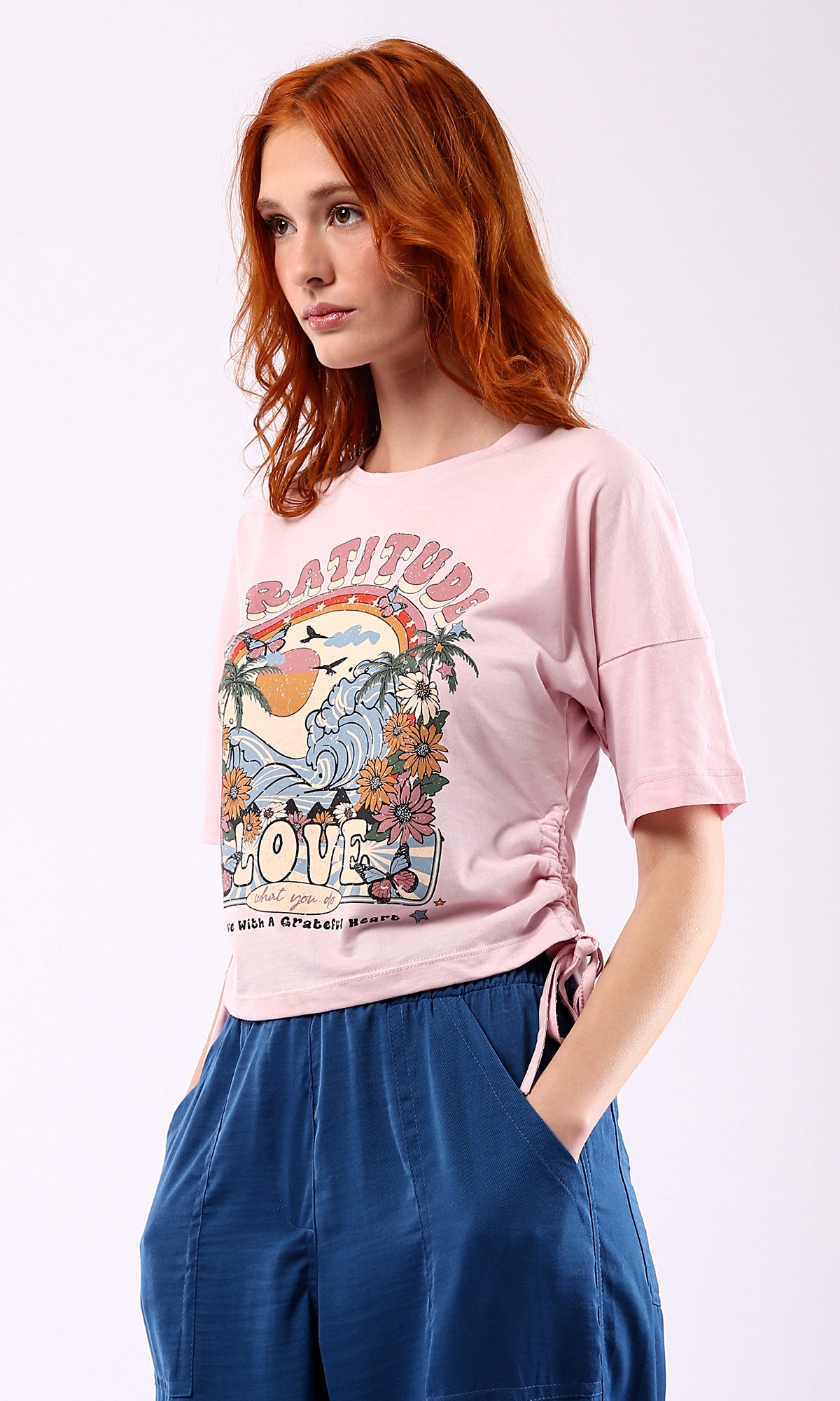 O180447 Colorful Print Rose Short Tee With Drawstring