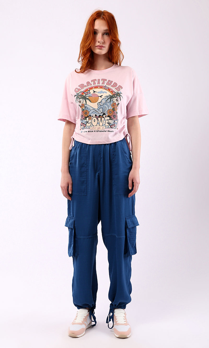 O180447 Colorful Print Rose Short Tee With Drawstring