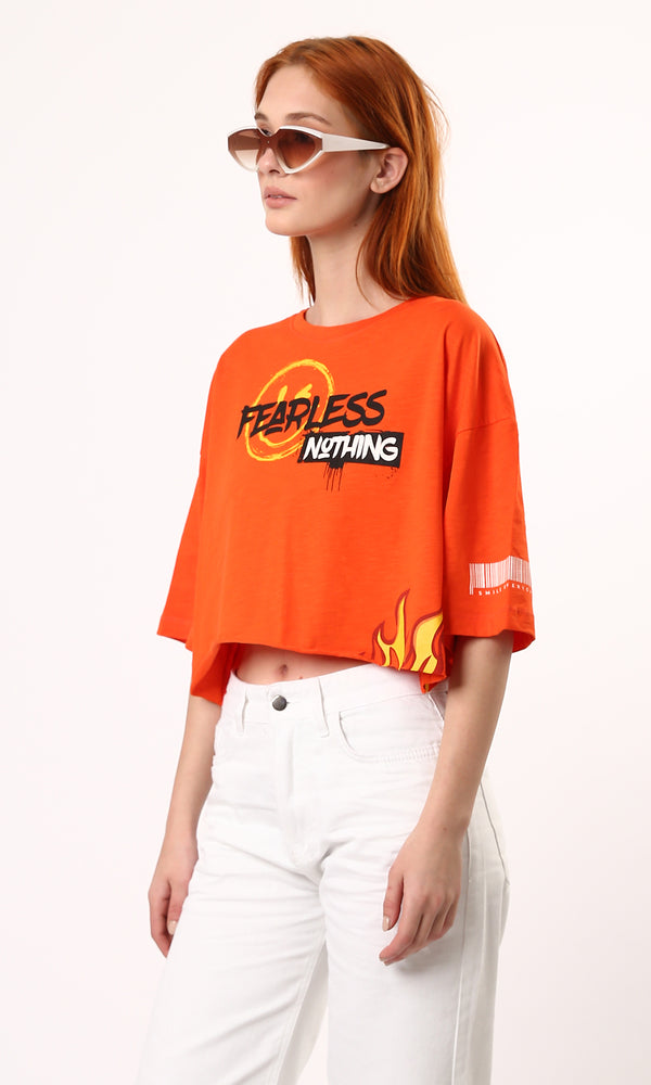 O180448 Printed "Fearless Nothing" Printed Loose Tee - Hot Orange