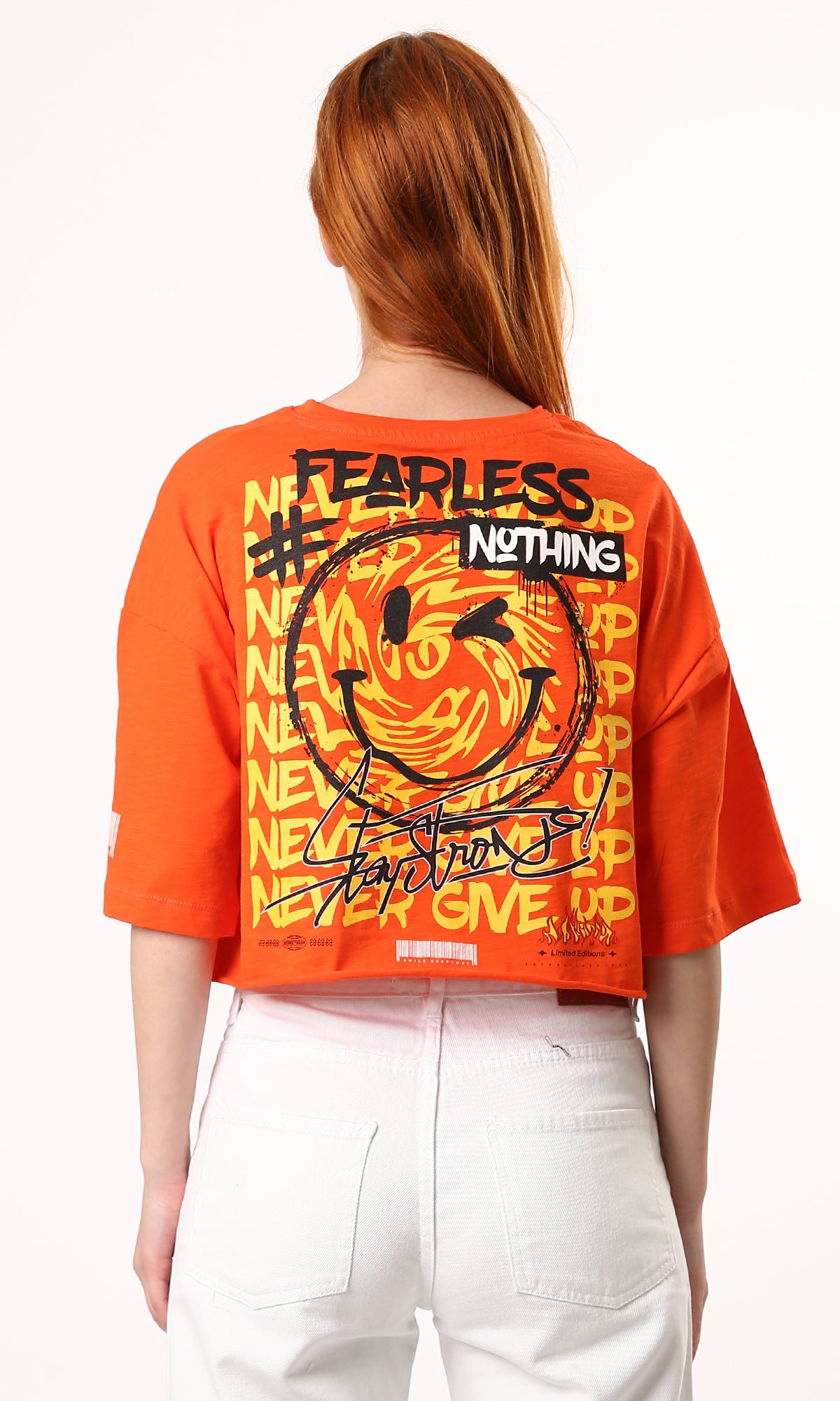 O180448 Printed "Fearless Nothing" Printed Loose Tee - Hot Orange