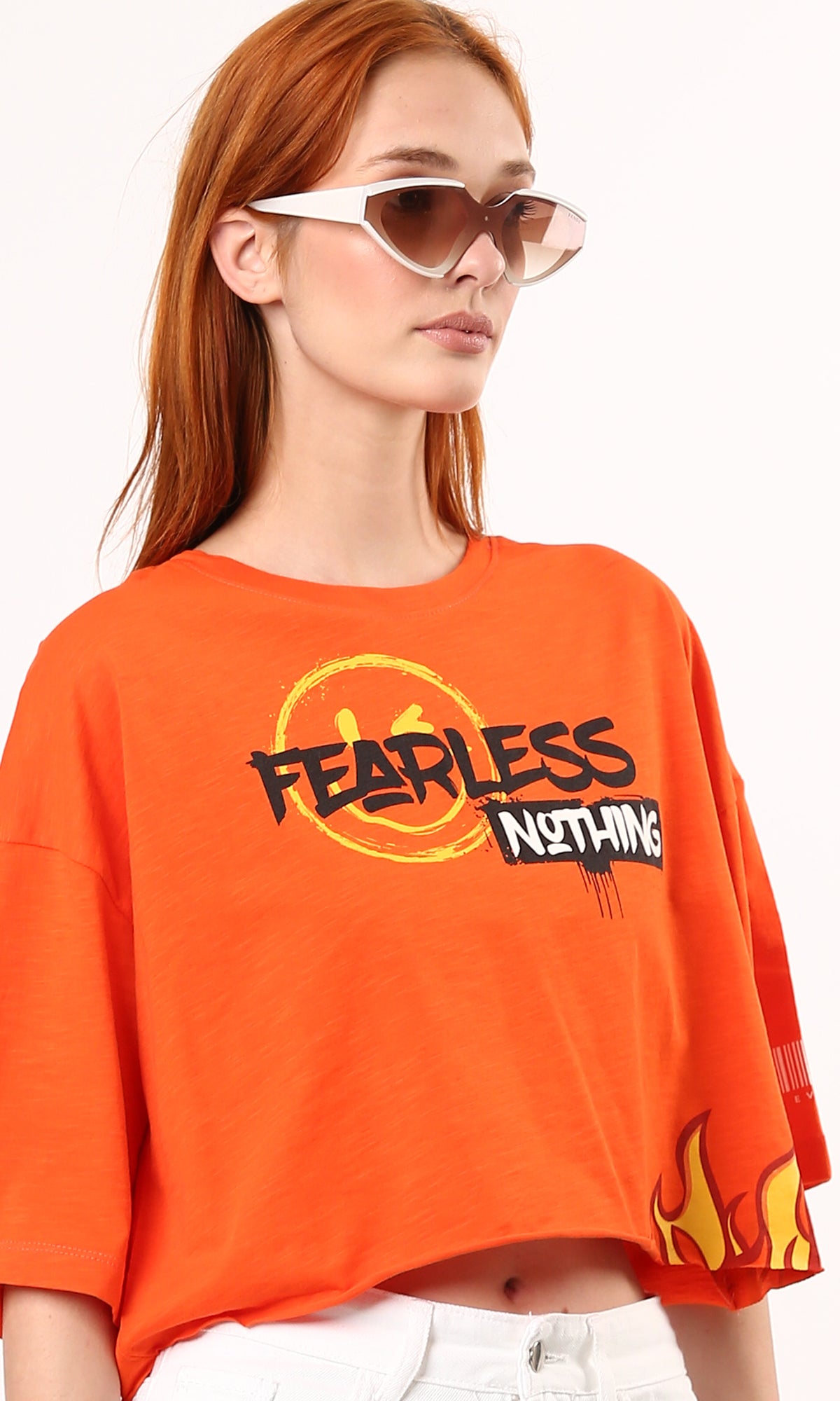 O180448 Printed "Fearless Nothing" Printed Loose Tee - Hot Orange