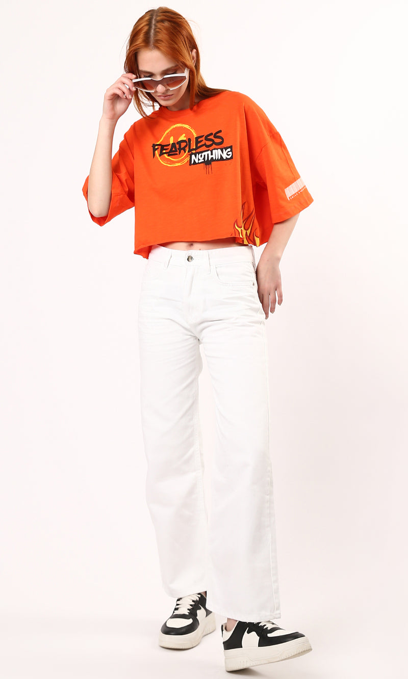 O180448 Printed "Fearless Nothing" Printed Loose Tee - Hot Orange