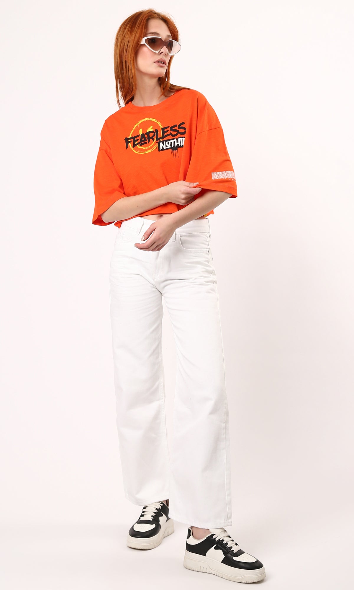 O180448 Printed "Fearless Nothing" Printed Loose Tee - Hot Orange
