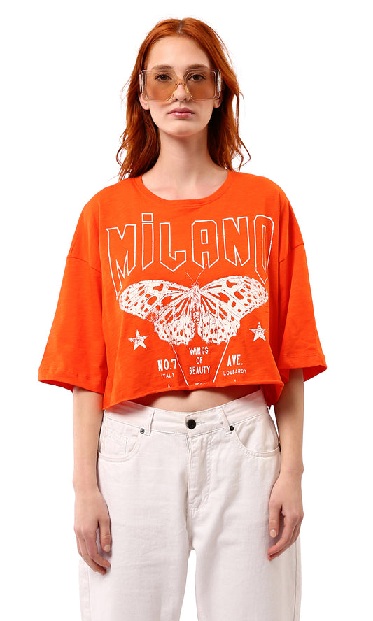 O180449 Printed Butterfly Loose Short Tee - Hot Orange