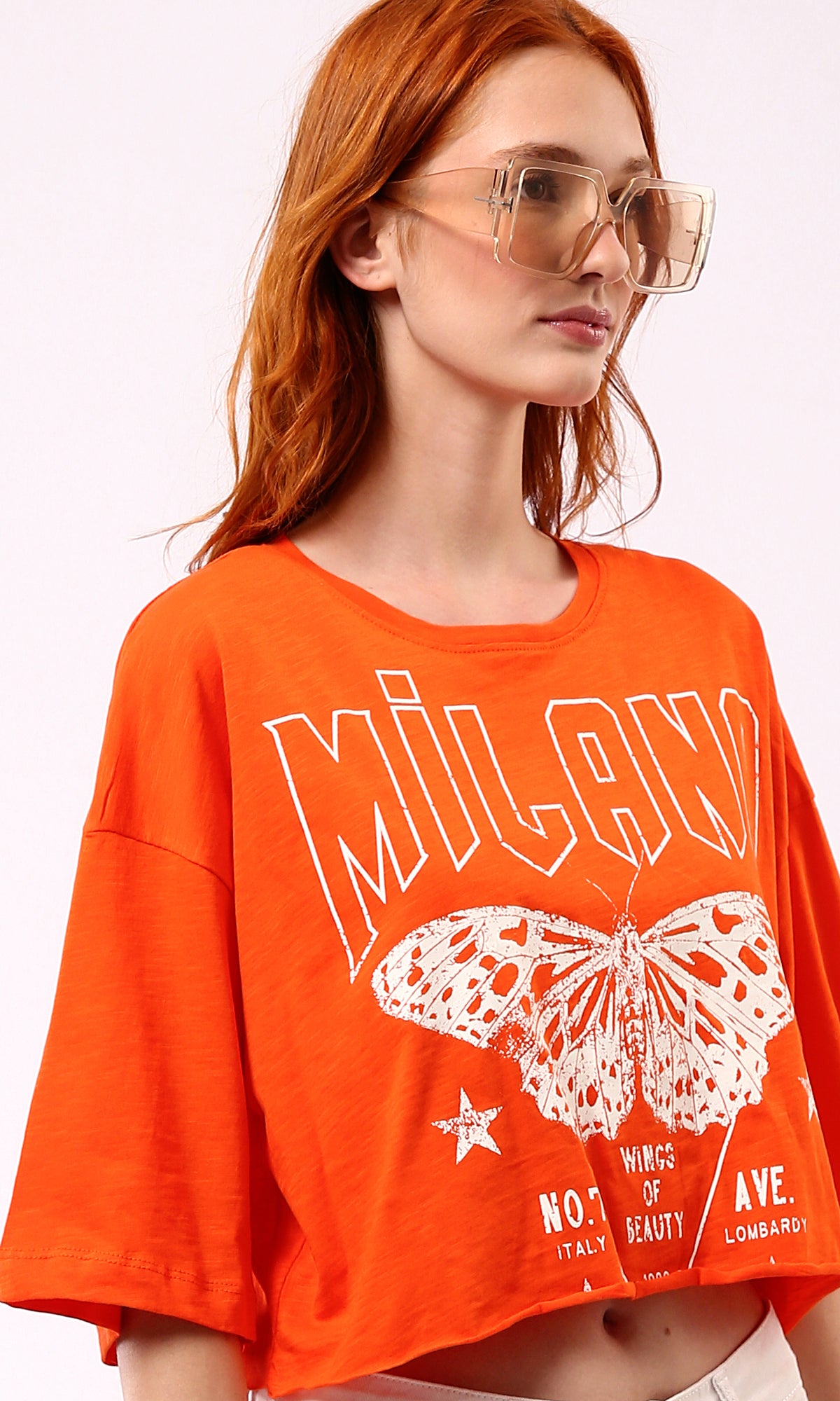 O180449 Printed Butterfly Loose Short Tee - Hot Orange