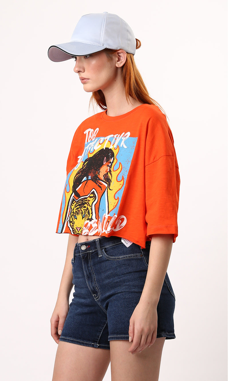 O180450 Printed Hot Orange Short Tee With Elbow Sleeves