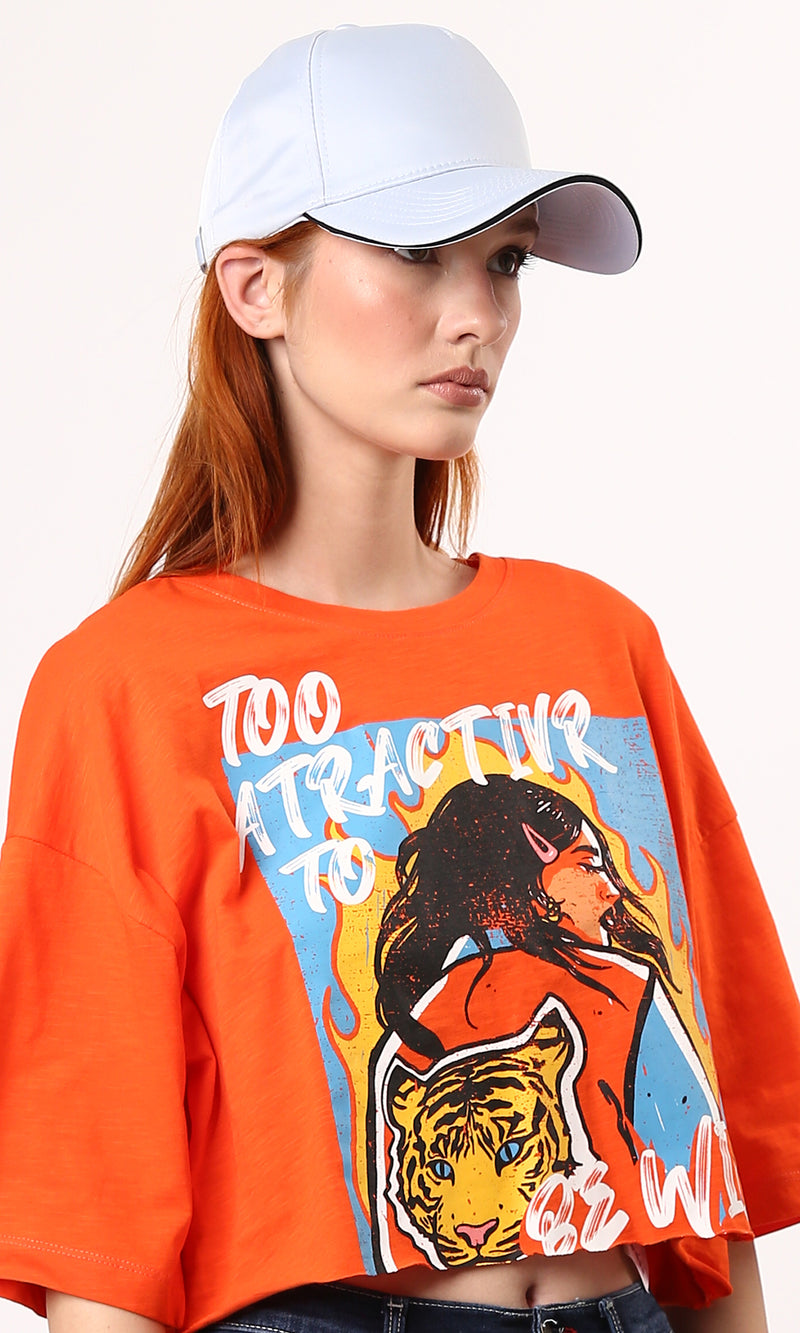O180450 Printed Hot Orange Short Tee With Elbow Sleeves