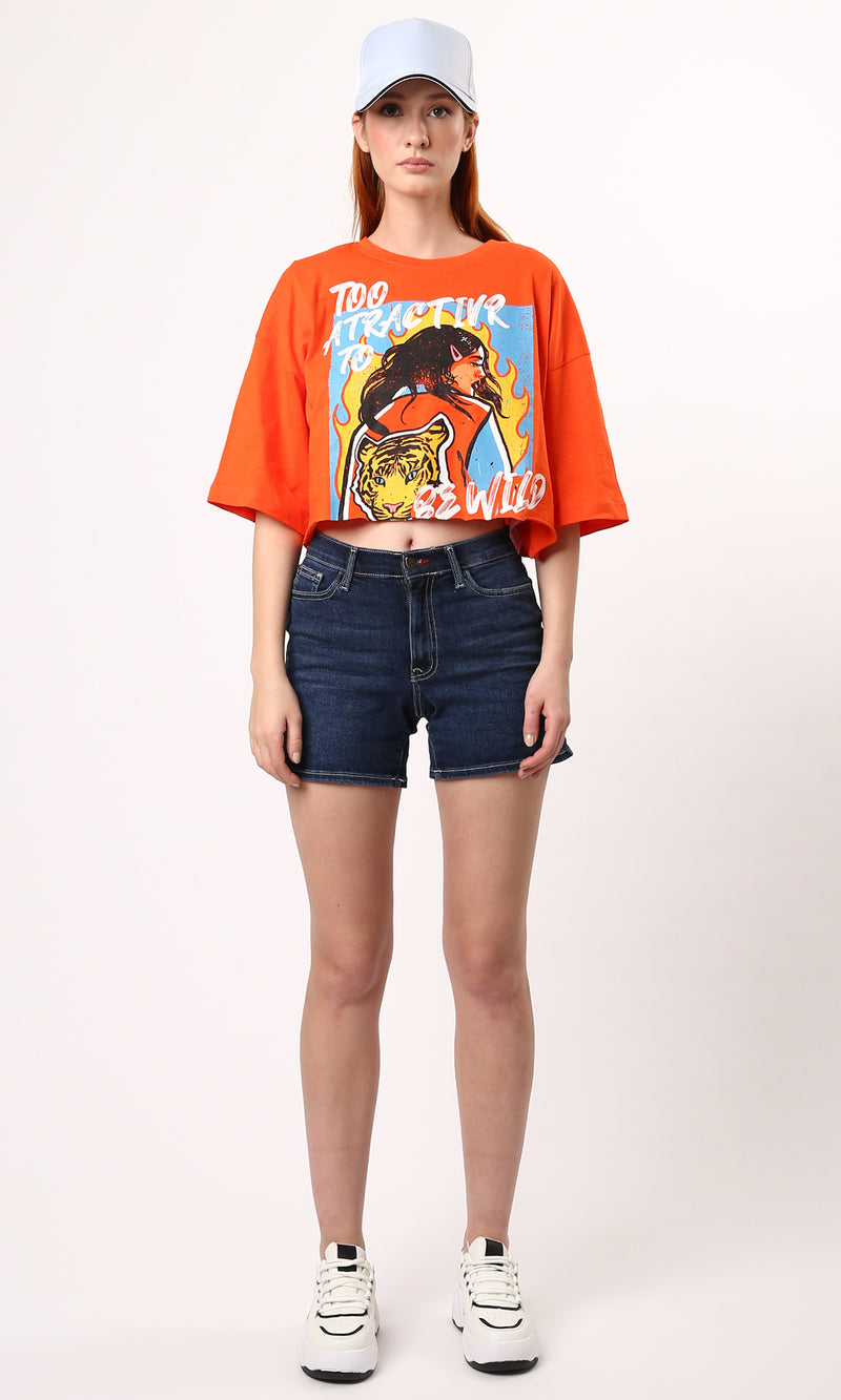 O180450 Printed Hot Orange Short Tee With Elbow Sleeves
