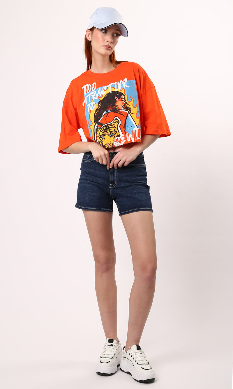O180450 Printed Hot Orange Short Tee With Elbow Sleeves