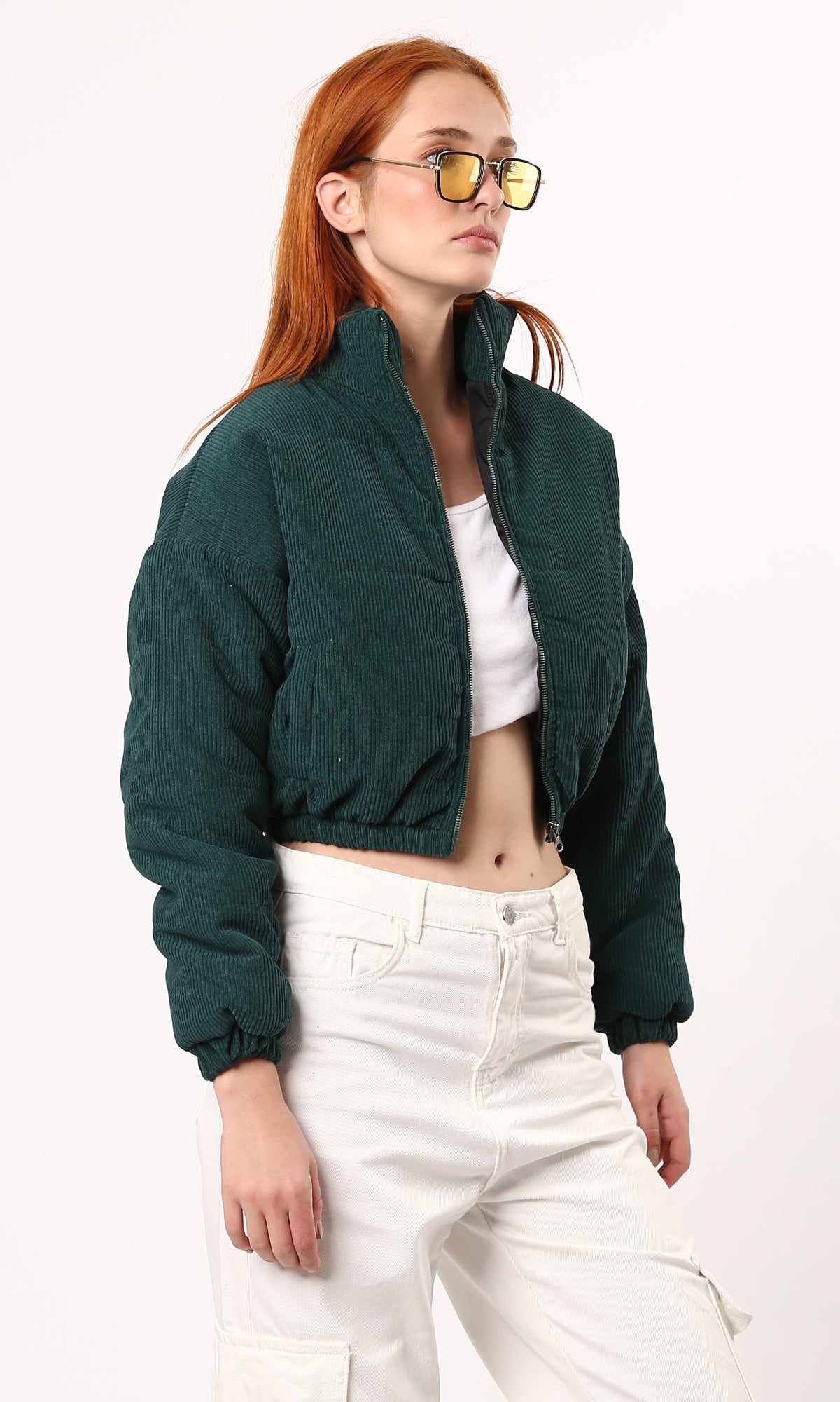 O180569 Casual Zipped Forest Green Corduroy Jacket