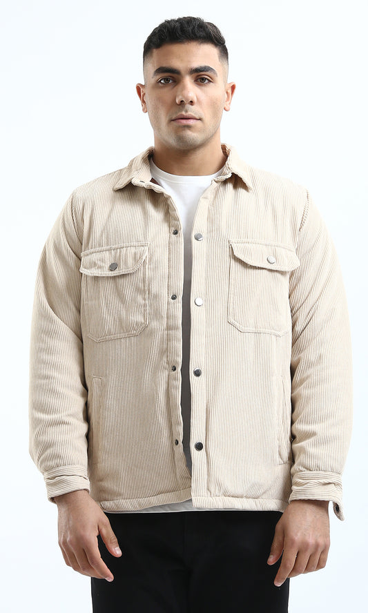 O180571 Casual Corduroy Jacket With Turn Down Collar - Beige