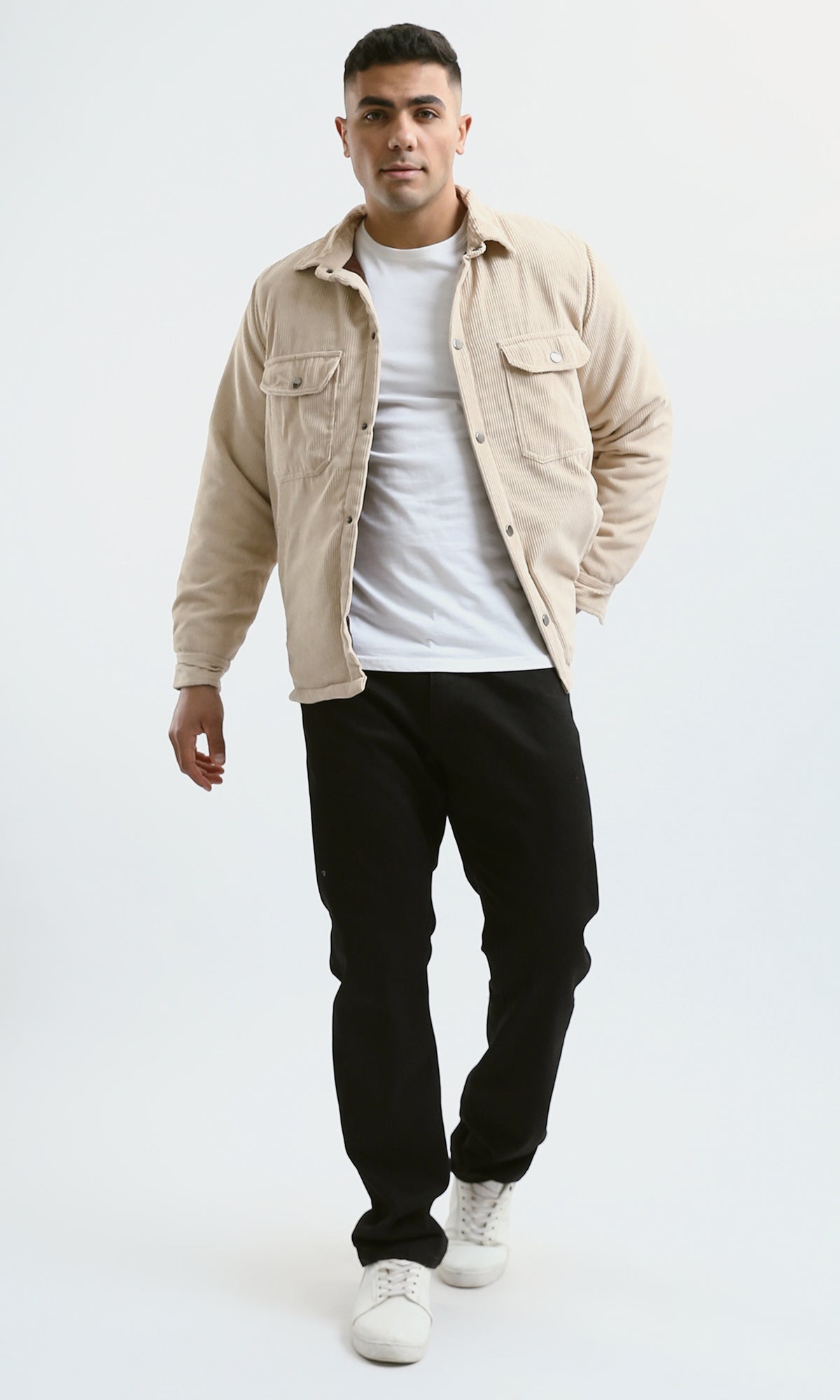 O180571 Casual Corduroy Jacket With Turn Down Collar - Beige
