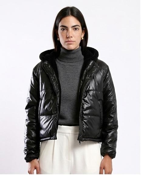 Ravin Women's High-Shine Cropped Puffer Jacket with Shearling-Lined Hood - Black - O180574