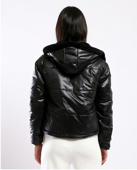 Ravin Women's High-Shine Cropped Puffer Jacket with Shearling-Lined Hood - Black - O180574