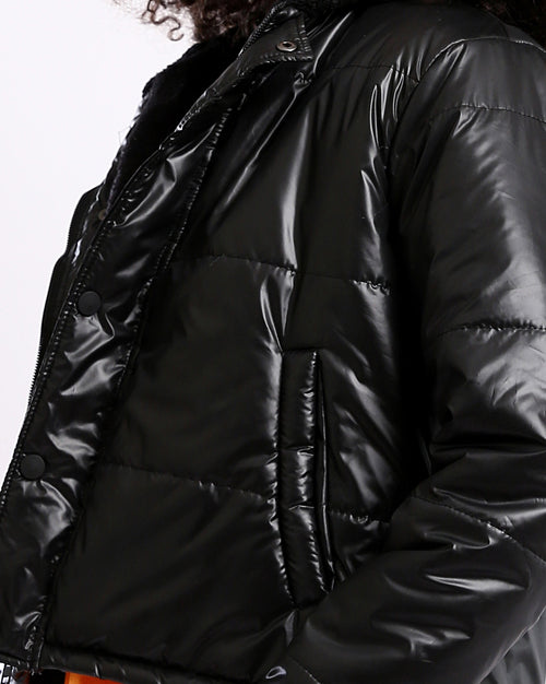 Ravin Women's High-Shine Cropped Puffer Jacket with Shearling-Lined Hood - Black - O180574