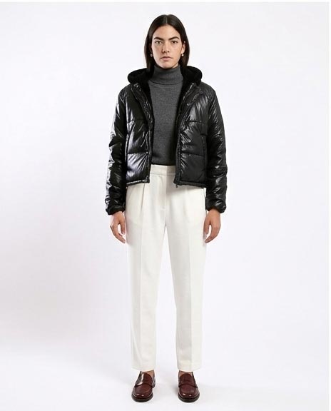 Ravin Women's High-Shine Cropped Puffer Jacket with Shearling-Lined Hood - Black - O180574