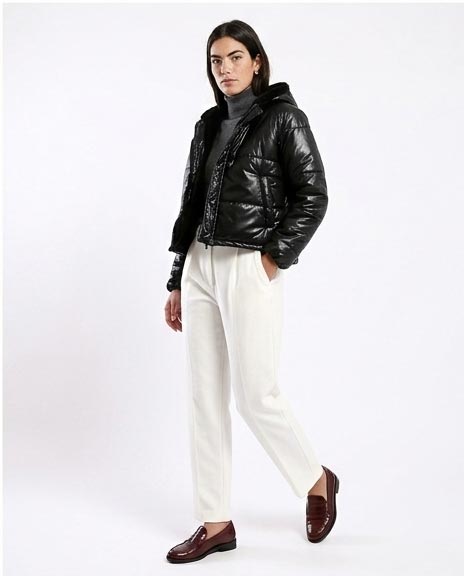 Ravin Women's High-Shine Cropped Puffer Jacket with Shearling-Lined Hood - Black - O180574