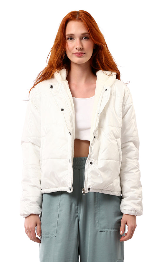 O180575 Off-White Solid Puffer Jacket With Double Closure