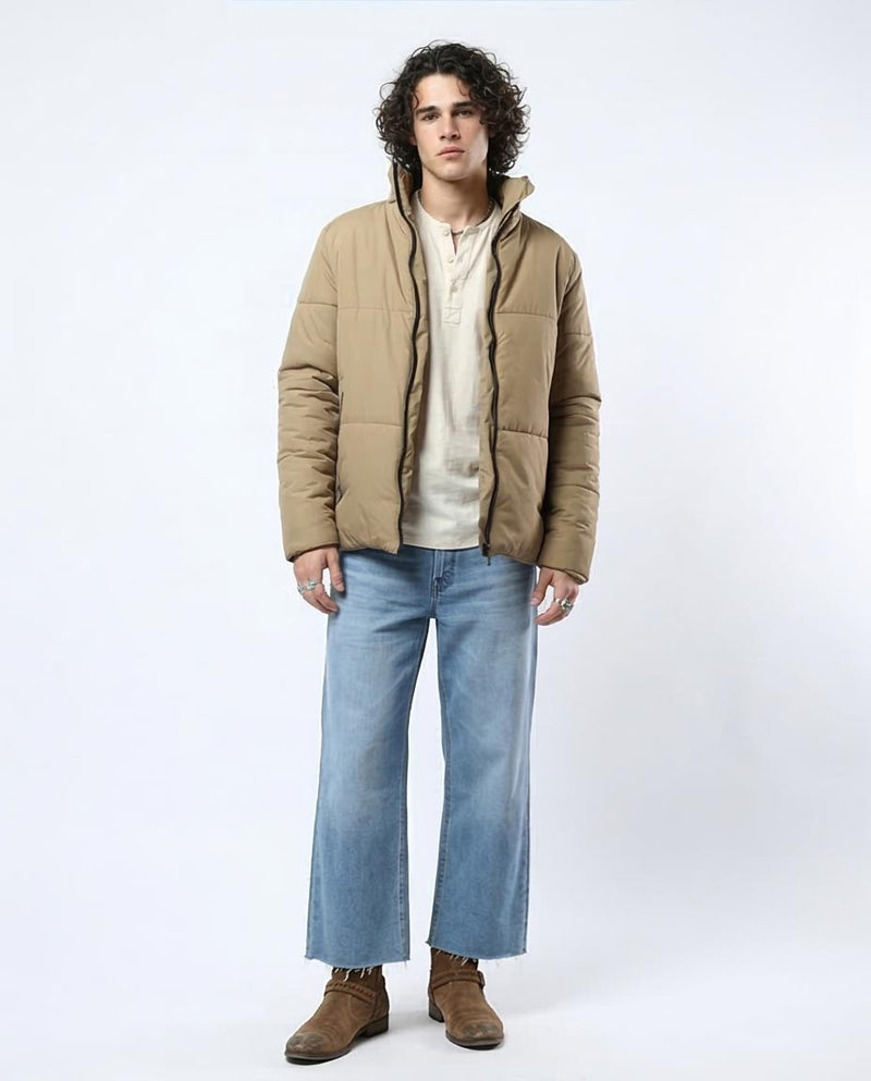 Ravin Men's Quilted Puffer Jacket with High Stand Collar – Camel - O180577