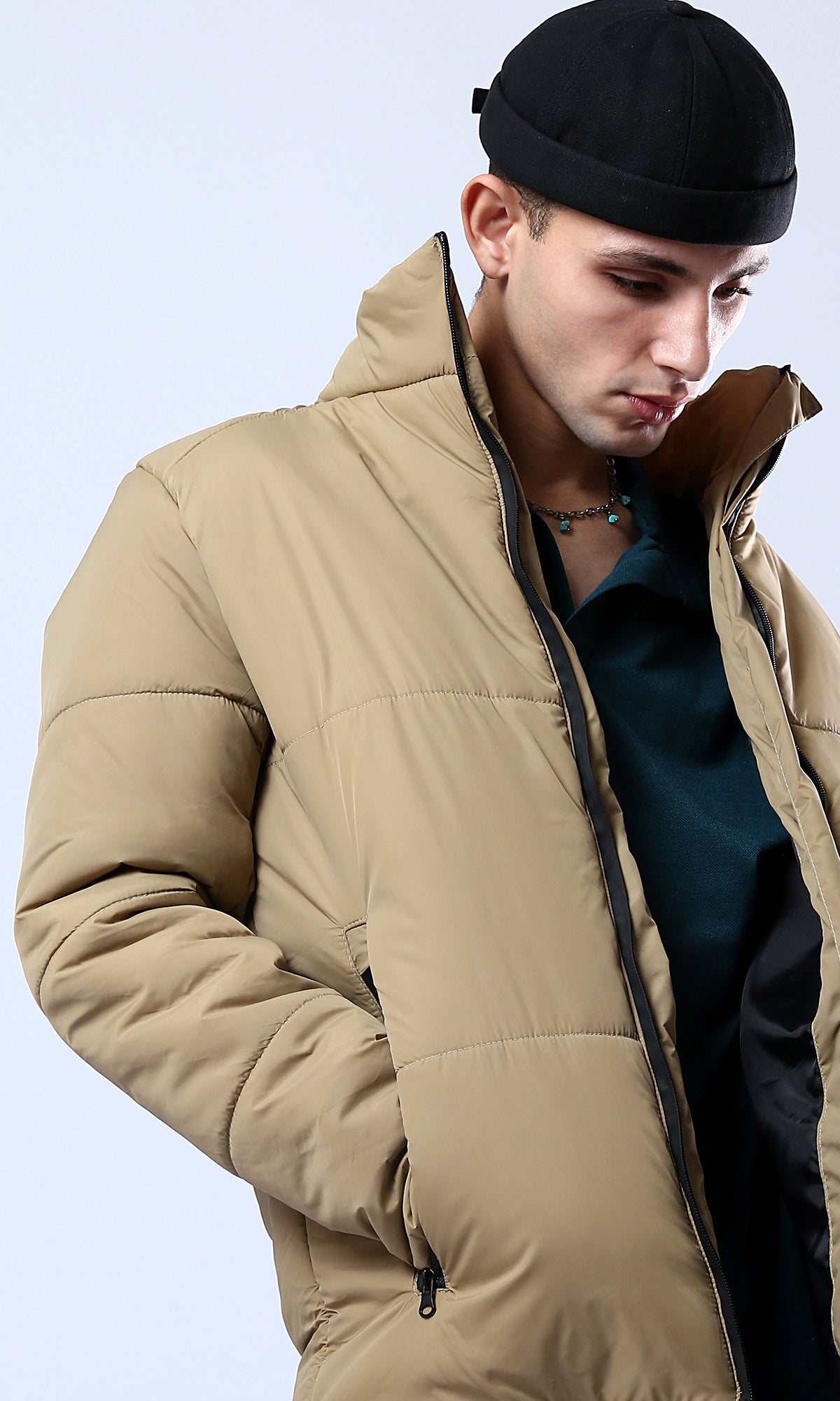 O180577 Stand-Collar Solid Light Camel Puffer Jacket