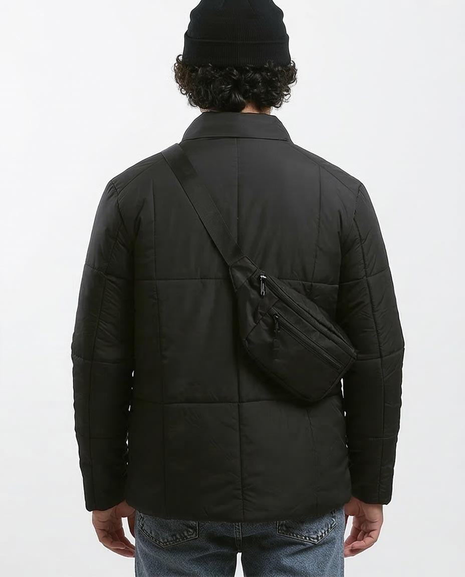 Men's Sleek Matte Black Quilted Puffer Jacket - O180578