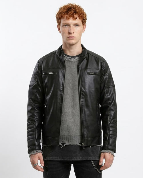 Man wearing a black leather jacket on a white background
