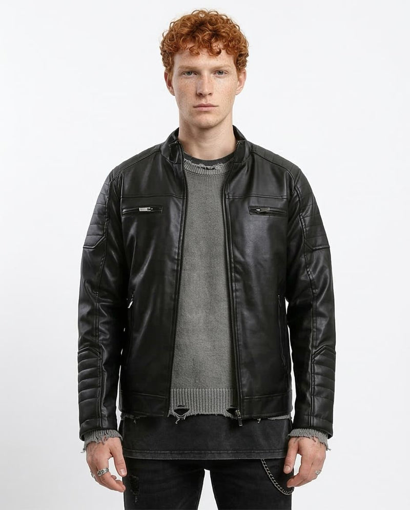 Man wearing a black leather jacket on a white background