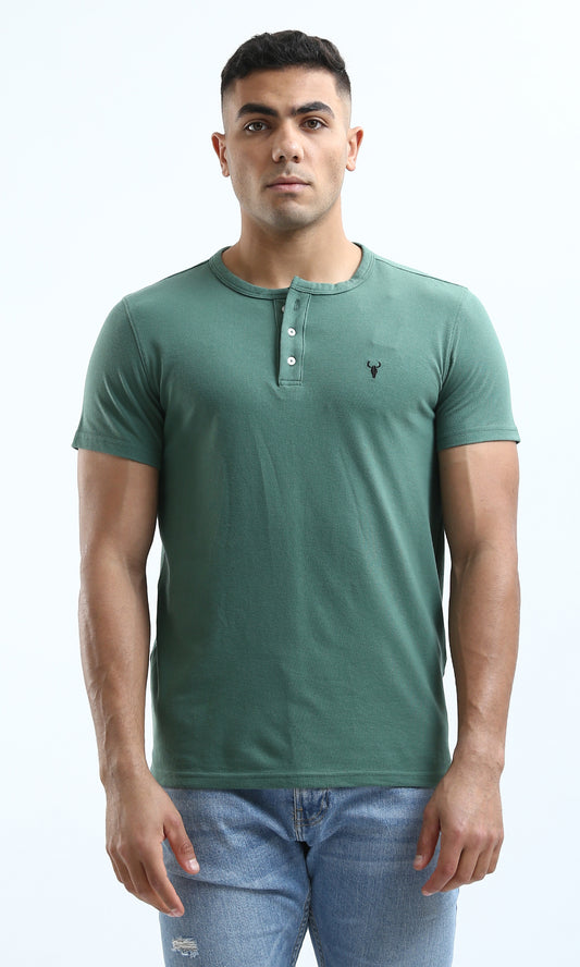 O180632 Green Henley Shirt With Buttoned Round Neck