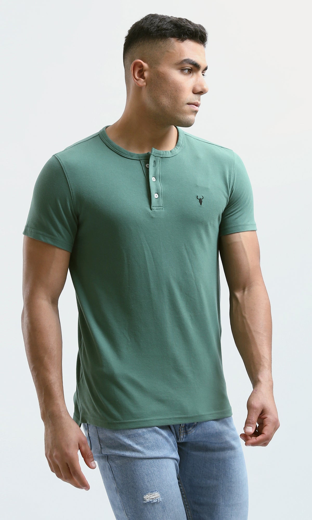 O180632 Green Henley Shirt With Buttoned Round Neck