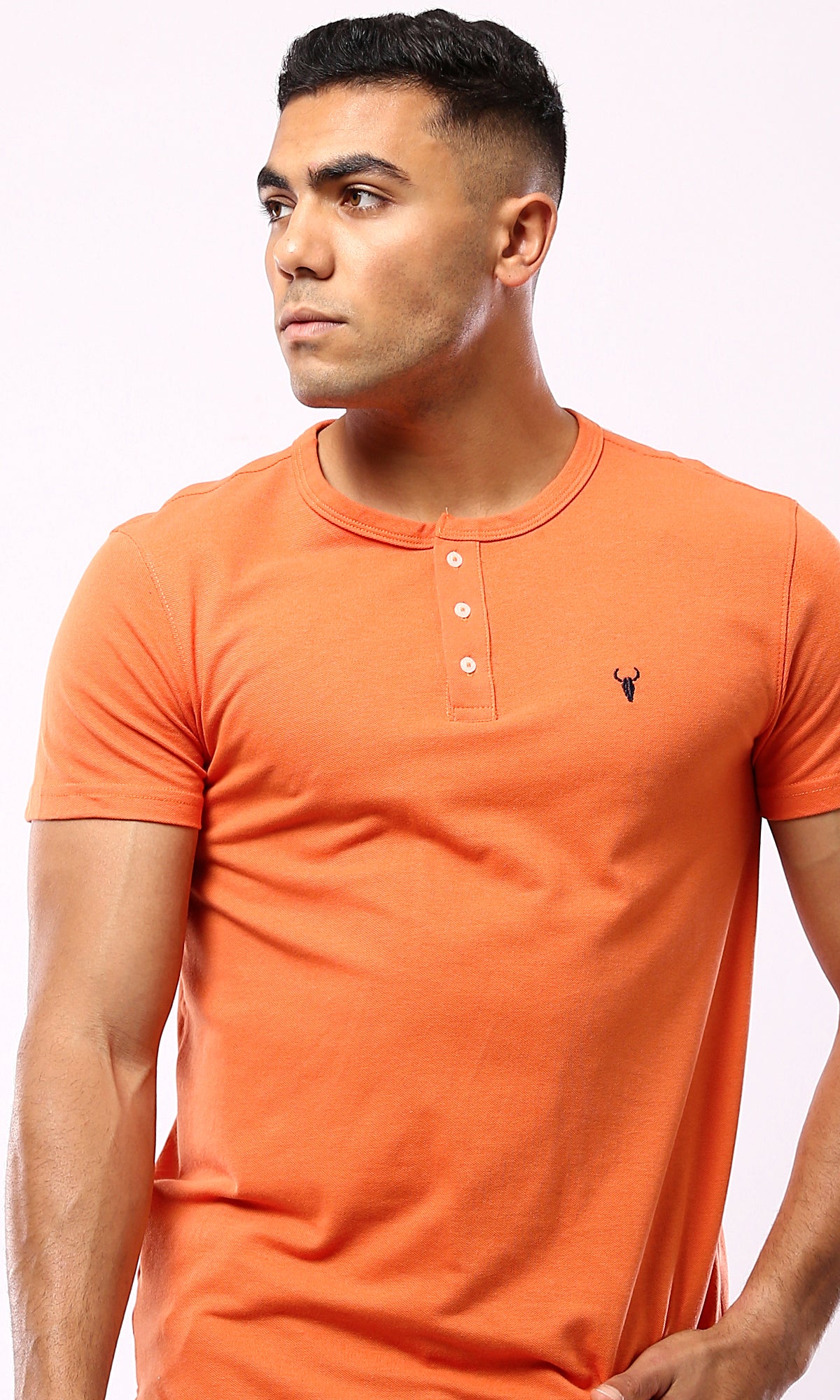 O180633 Short Sleeves Buttoned Orange Henley Shirt